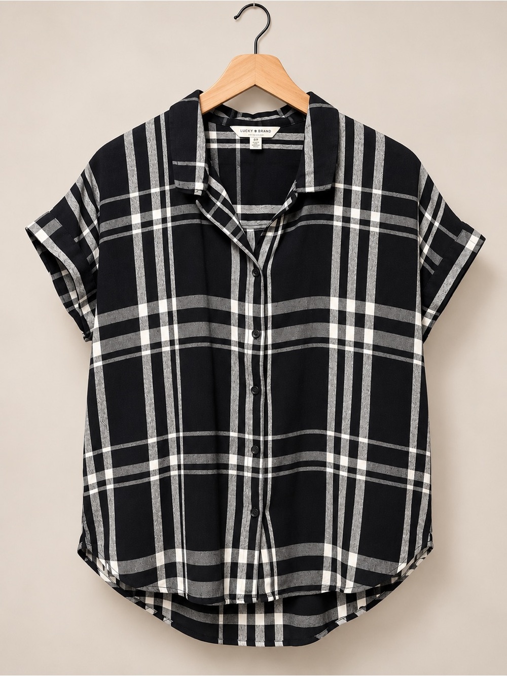 Lucky Brand Black & White Plaid Short-Sleeve Button Shirt (402)